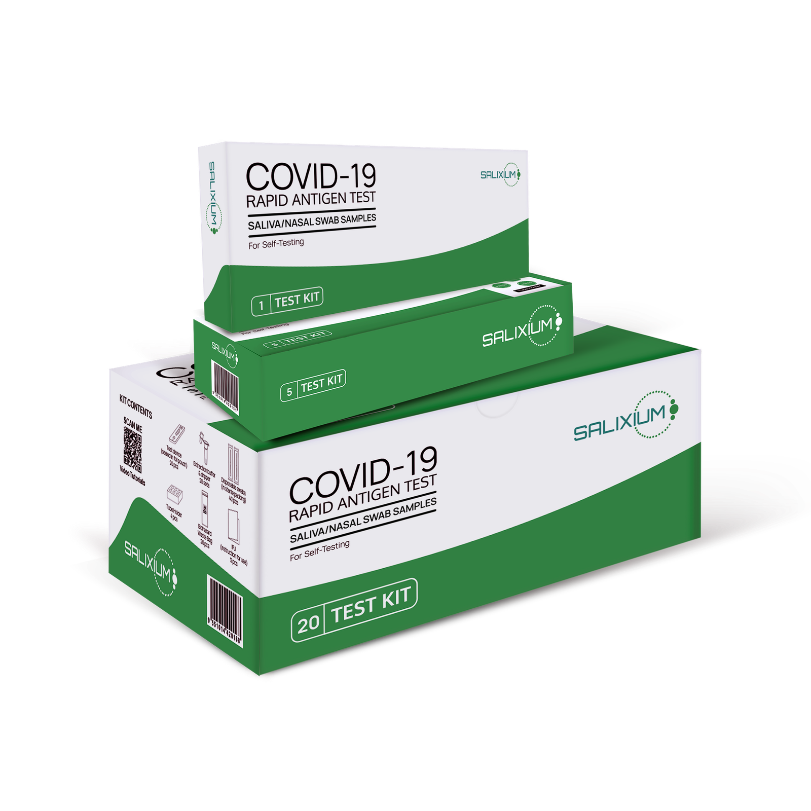 Three boxes of covid-19 test kits are stacked on top of each other.